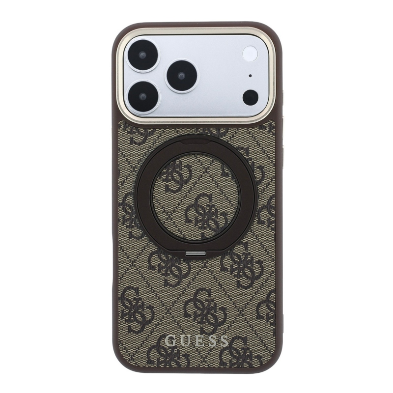 Guess PU 4G Ring Stand MagSafe zadný kryt pre iPhone 18 Pro, hnedý