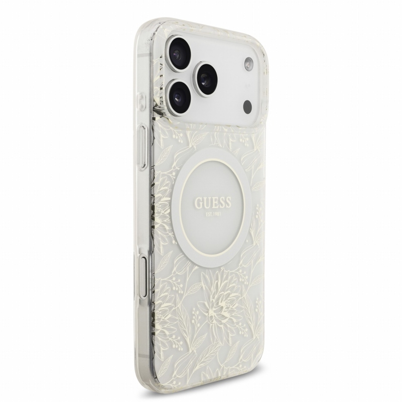 Guess IML Flowers Allover Strap MagSafe zadný kryt pre iPhone 18 Pro Max, biely