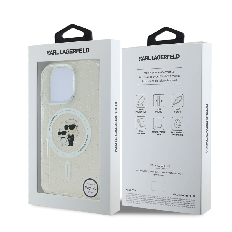 Karl Lagerfeld IML Glitter Karl and Choupette MagSafe Zadný Kryt pre iPhone 16 Pro Transparent