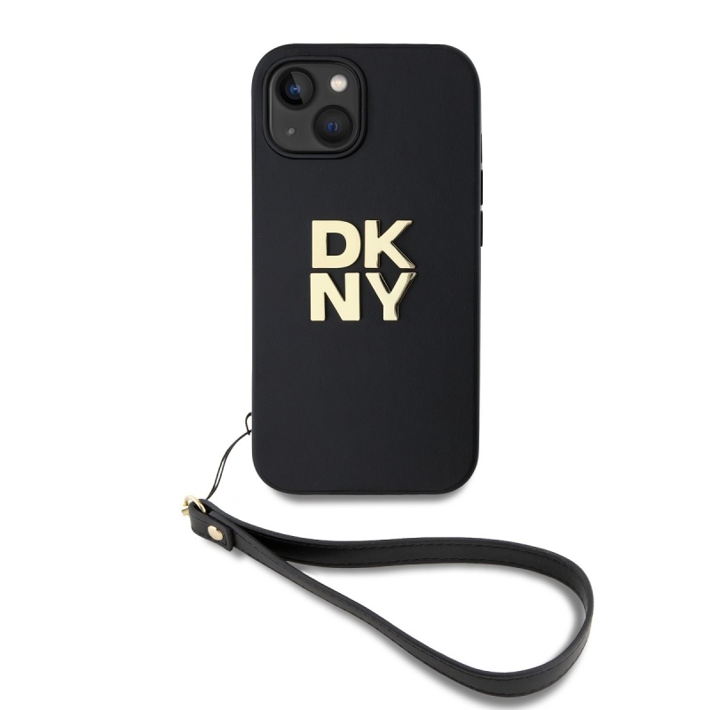 DKNY PU Leather Stack Logo Wrist Strap Zadný Kryt pre iPhone 14 Black