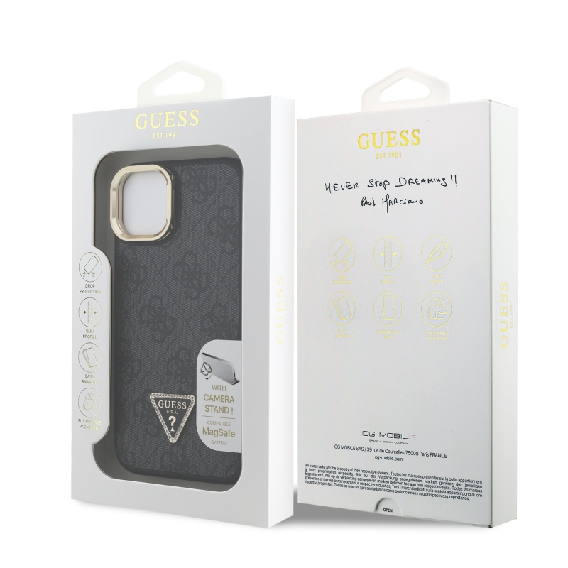 Guess PU 4G Strass Triangle Logo Stand Camera Frame MagSafe Zadný Kryt pre iPhone 15 Black