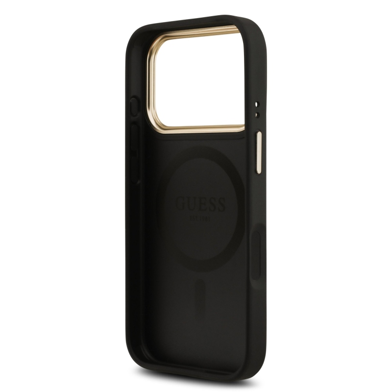 Guess PU kožený zadný kryt 4G Gold Frame MagSafe pre iPhone 17 Pro Black