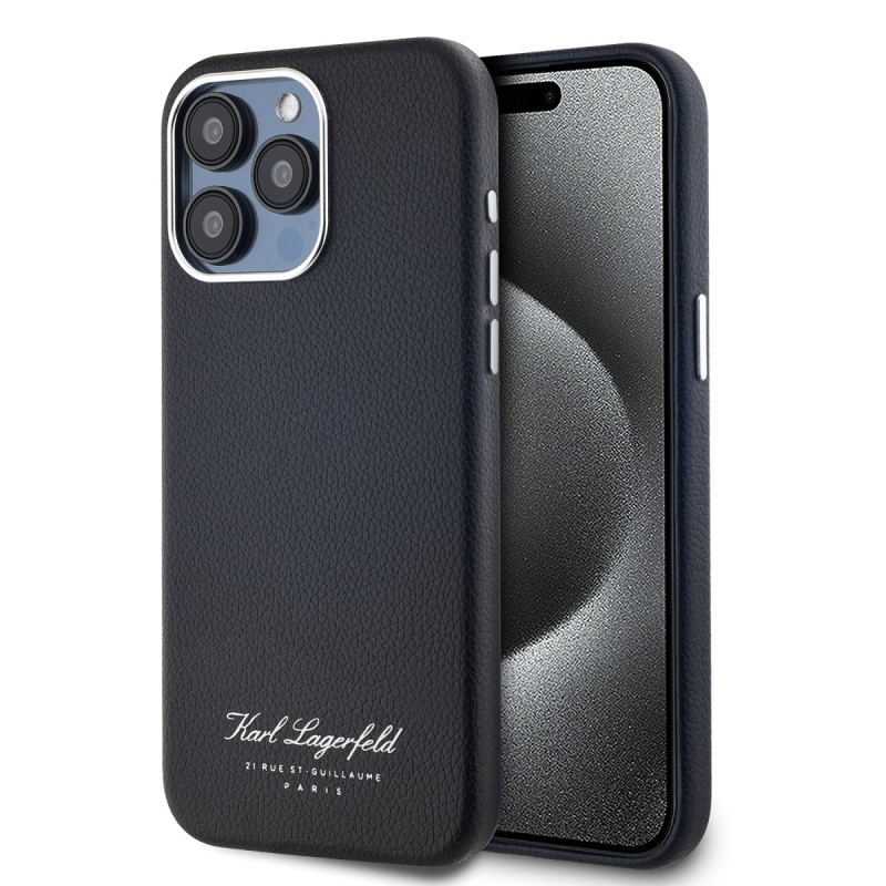 Karl Lagerfeld Grained PU Hotel RSG Zadný Kryt pre iPhone 15 Pro Black