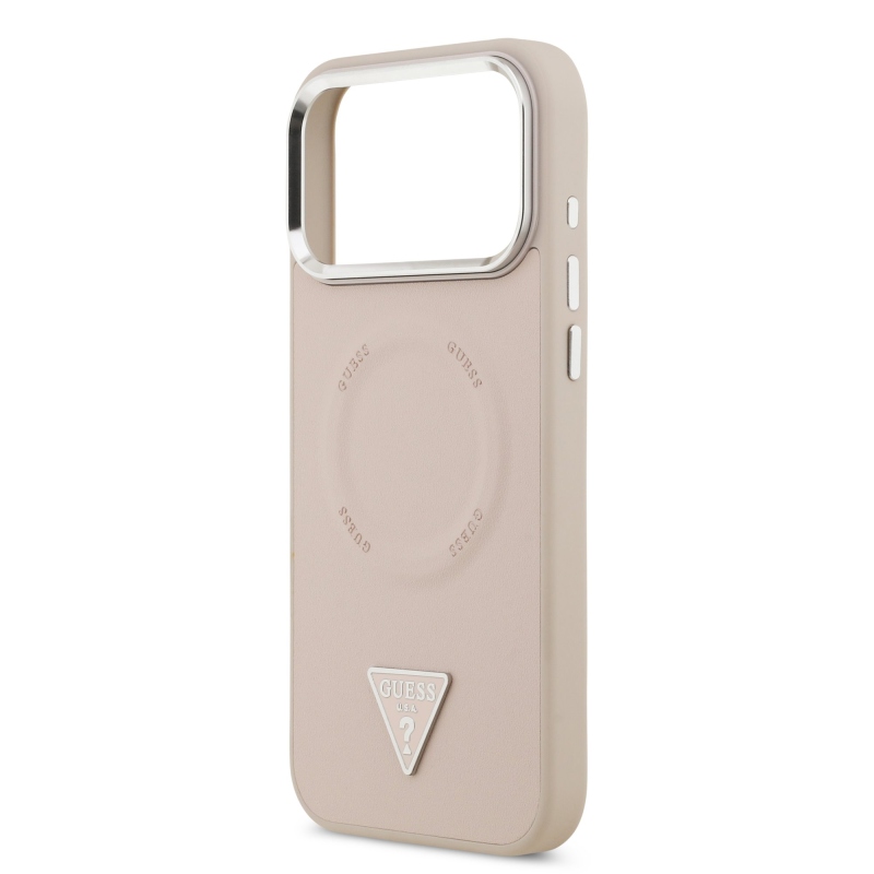 Guess PU kožený zadný kryt MagSafe s trojuholníkovým logom pre iPhone 17 Pro Pink