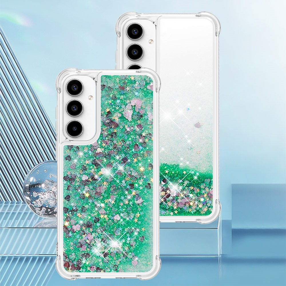 Glitter gélový presýpací obal na Samsung Galaxy A35 5G - zelený/srdiečka