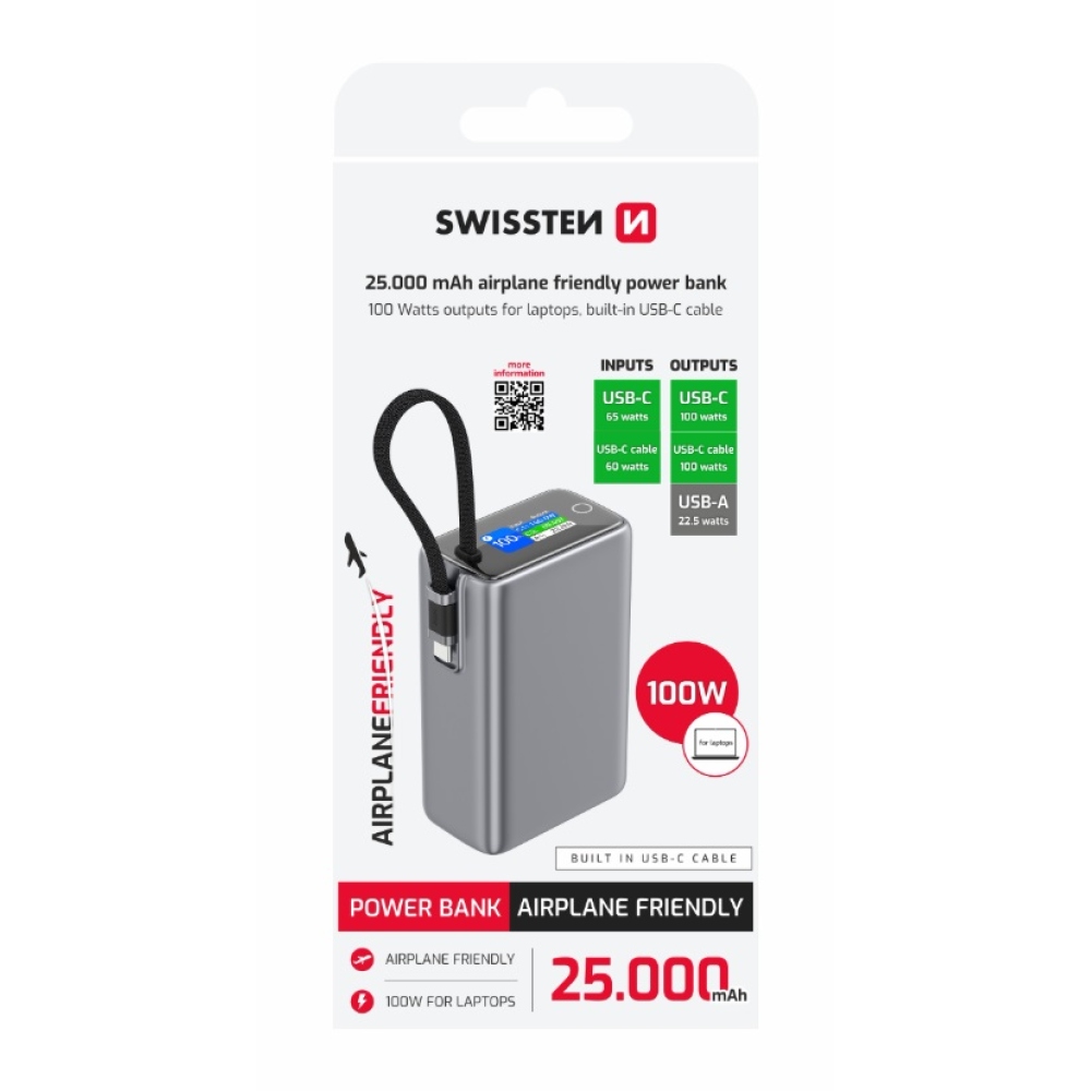 Swissten cestovná powerbanka 25000 mAh (96.25Wh) 100 W s integrovaným káblom USB-C - šedá