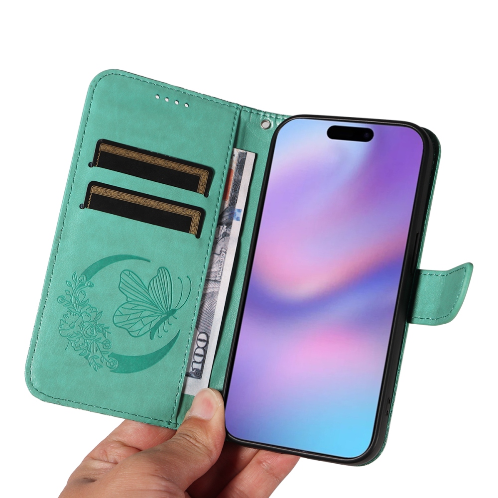Floral Butterfly knižkové púzdro na iPhone 17 - modrozelené