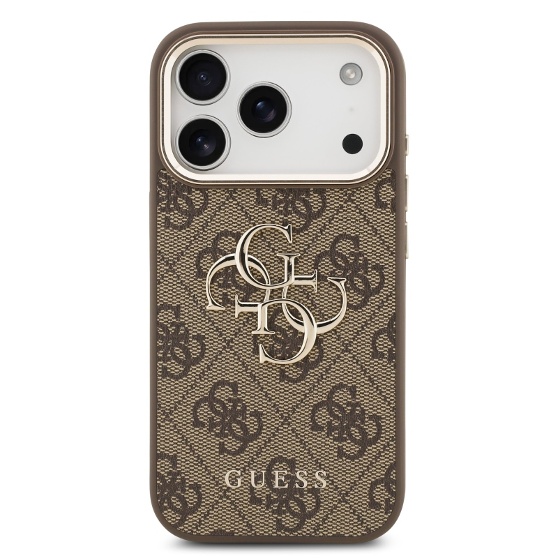 Guess PU kožený 4G kovové logo Gold Frame zadný kryt pre iPhone 17 Pro Brown