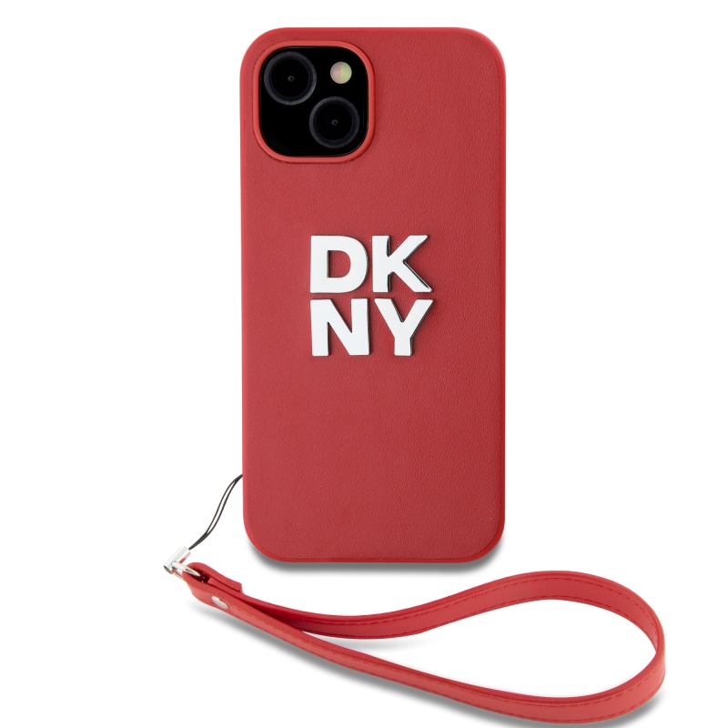 DKNY PU Leather Stack Logo Wrist Strap Zadný Kryt pre iPhone 14 Red