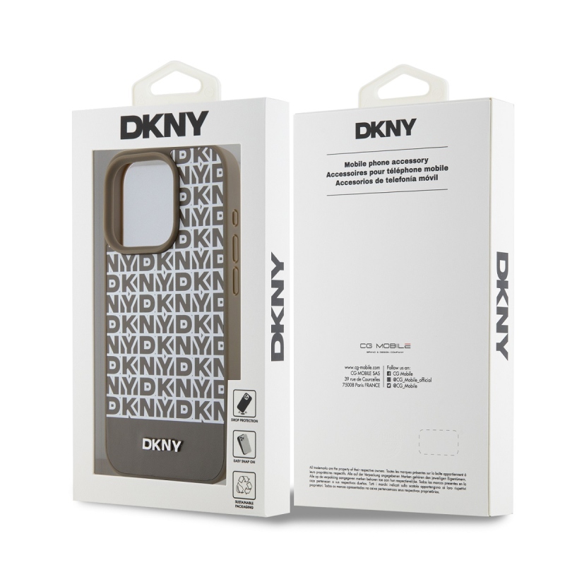 DKNY PU Leather Repeat Pattern Bottom Stripe MagSafe Zadný Kryt pre iPhone 13 Pro Brown