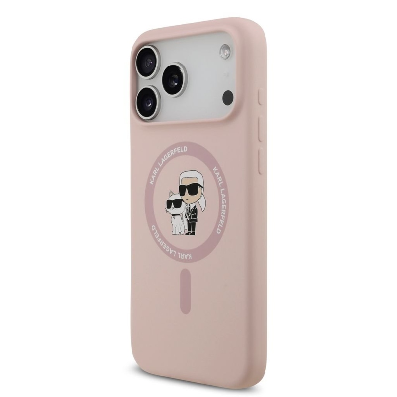 Karl Lagerfeld – zadný kryt z tekutého silikónu s motívom Karla a Choupette, kompatibilný s MagSafe, pre iPhone 18 Pro Max, ružový