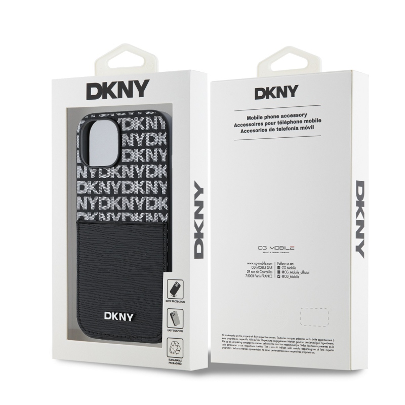 DKNY PU Leather Repeat Pattern Card Pocket Zadný Kryt pre iPhone 14 Black