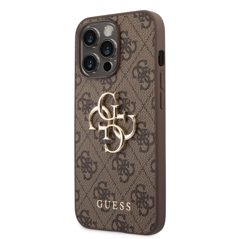 Guess PU 4G Metal Logo Zadný Kryt pre iPhone 14 Pro Max Brown