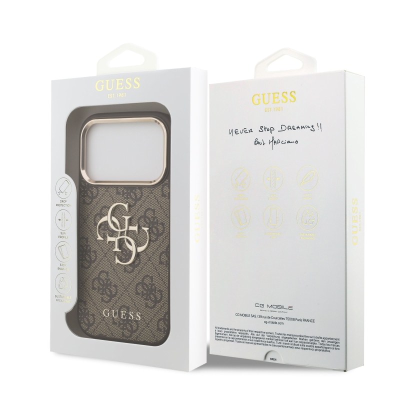 Guess PU kožený 4G kovové logo Gold Frame zadný kryt pre iPhone 17 Pro Brown