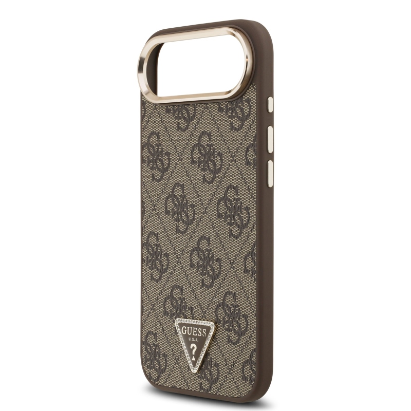 Guess PU kožený 4G štrasové trojuholníkové logo Gold Frame MagSafe zadný kryt pre iPhone Air Brown