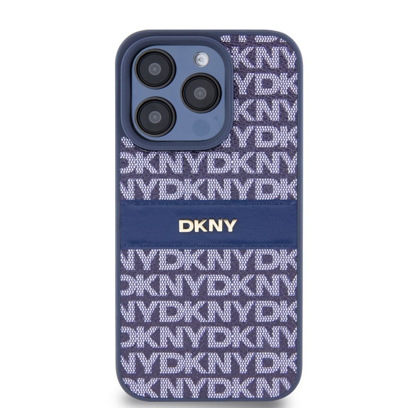 DKNY PU Leather Repeat Pattern Tonal Stripe Zadný Kryt pre iPhone 15 Pro Max Blue