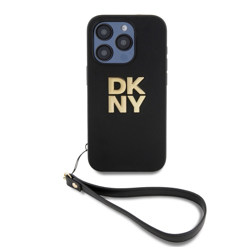 DKNY PU Leather Stack Logo Wrist Strap Zadný Kryt pre iPhone 14 Pro Black