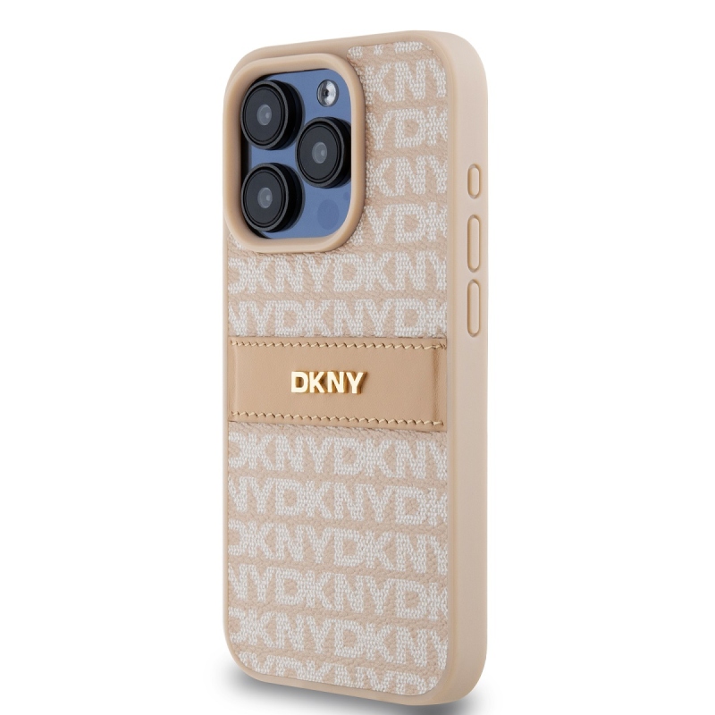 DKNY PU Leather Repeat Pattern Tonal Stripe Zadný Kryt pre iPhone 14 Pro Pink