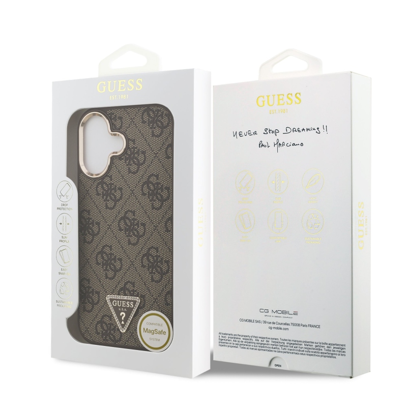 Guess PU kožený zadný kryt 4G Triangle Logo Gold Frame MagSafe pre iPhone 17 Brown