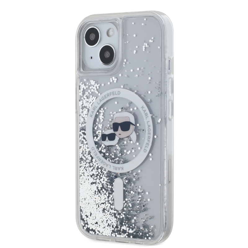 Karl Lagerfeld Liquid Glitter Karl a Choupette Heads MagSafe Zadný Kryt pre iPhone 15 Transparent