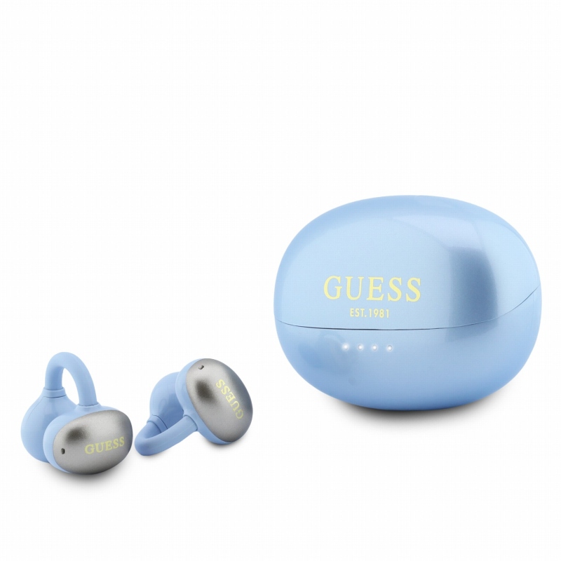 Bezdrôtové slúchadlá Guess s metalickým povrchom, klasickým logom a technológiou OWS, svetlo modré