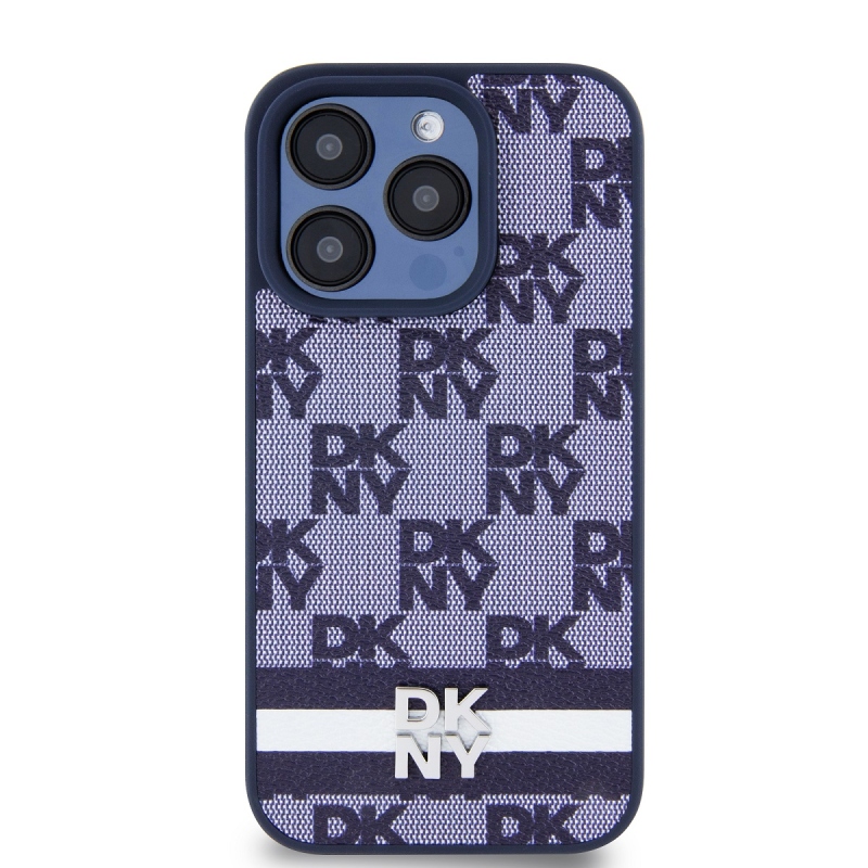 DKNY PU Leather Checkered Pattern and Stripe Zadný Kryt pre iPhone 15 Pro Max Blue