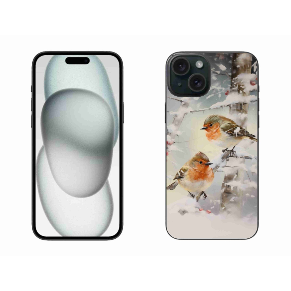Gélový kryt mmCase na iPhone 15 Plus - vtáčiky v zime