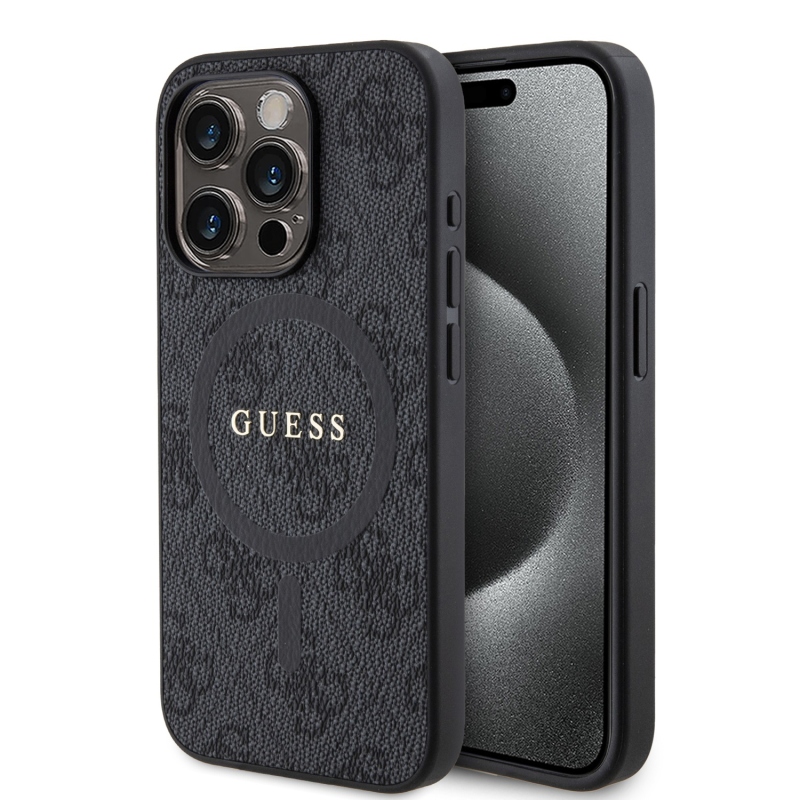 Guess PU Leather 4G Colored Ring MagSafe Zadný Kryt pre iPhone 15 Pro Black