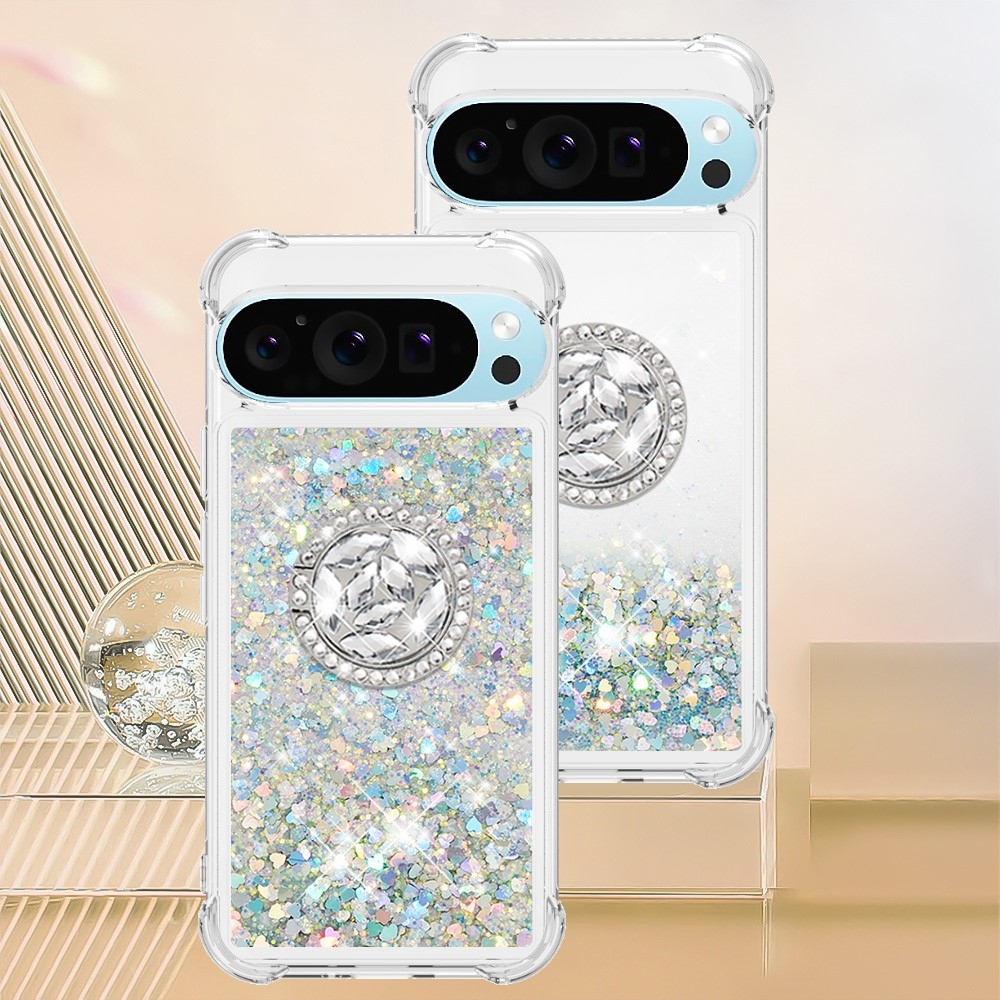 Glitt presýpací gélový obal s krúžkom na prst na Google Pixel 10 - strieborný/srdiečka