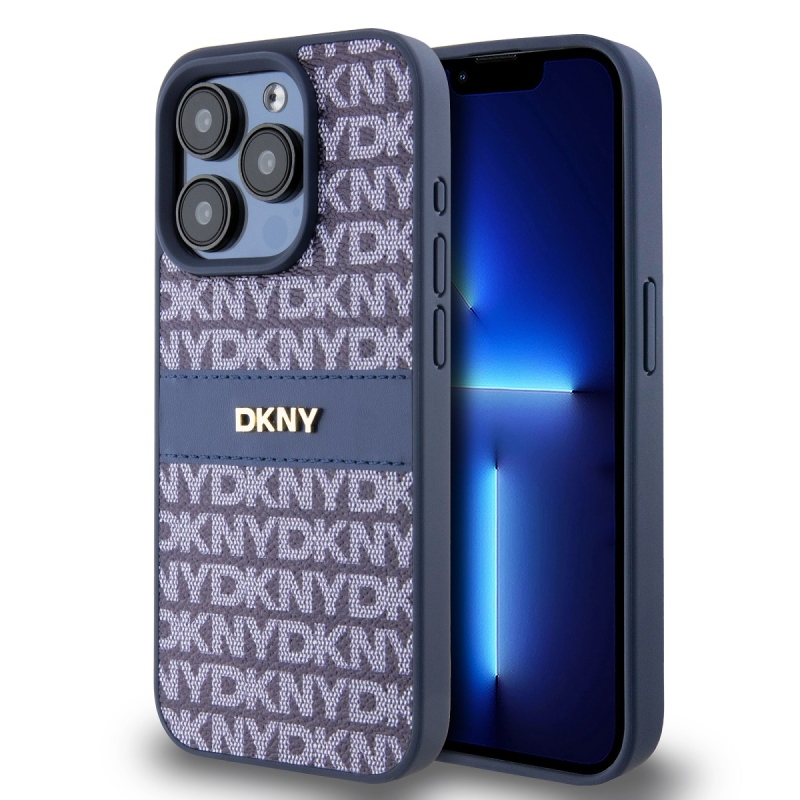 DKNY PU Leather Repeat Pattern Tonal Stripe Zadný Kryt pre iPhone 15 Pro Blue