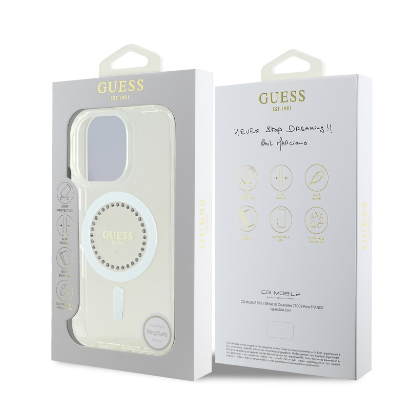 Guess IML Rhinestones Ring MagSafe Zadný Kryt pre iPhone 16 Pro Max White