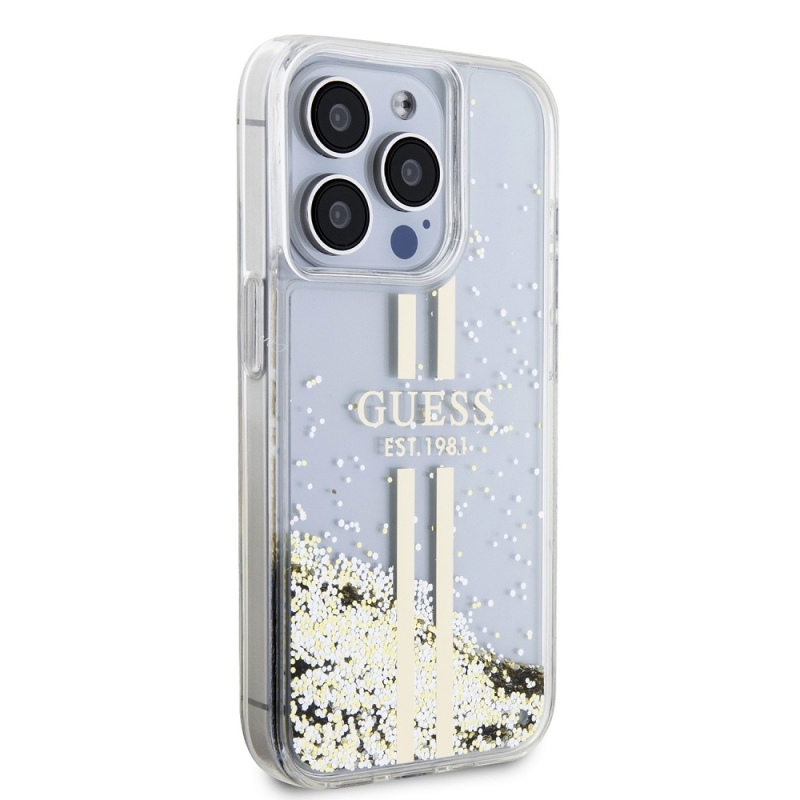 Guess PC/TPU Liquid Glitter Gold Stripe Zadný Kryt pre iPhone 15 Pro Max Transparent