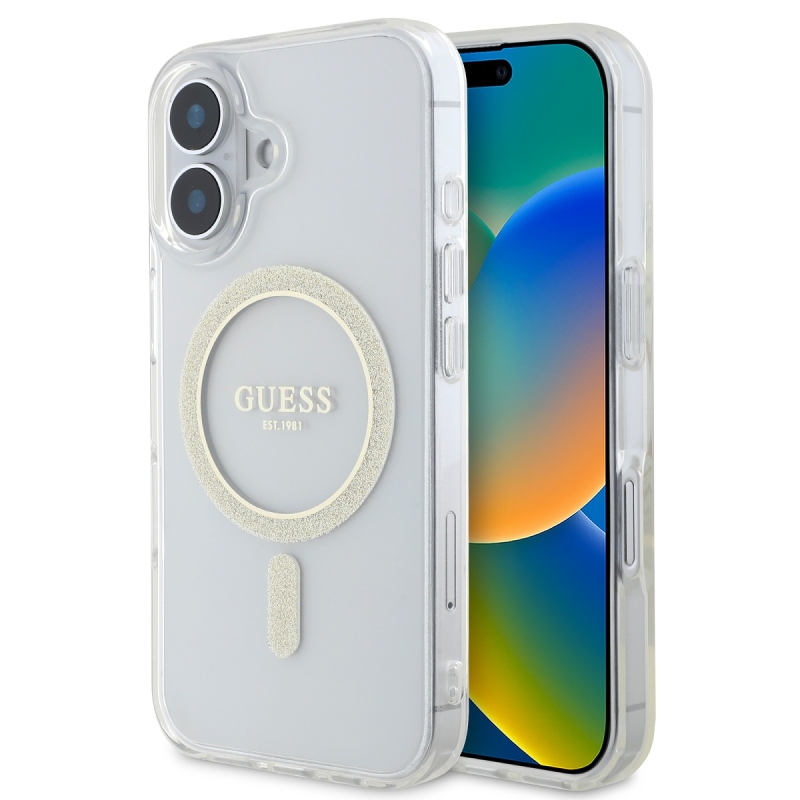 Guess IML Glitter Ring MagSafe Zadný Kryt pre iPhone 16 Plus Transparent