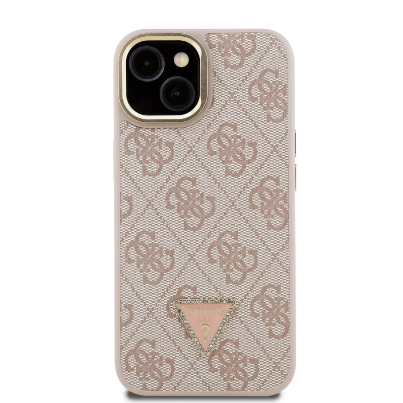 Guess PU 4G Strass Triangle Logo Stand Camera Frame MagSafe Zadný Kryt pre iPhone 14 Pink
