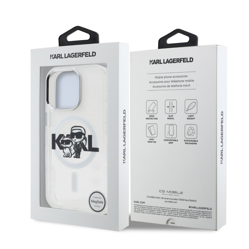 Karl Lagerfeld IML Glitter Karl and Choupette Sketch MagSafe Zadný Kryt pre iPhone 16 Pro Transparent