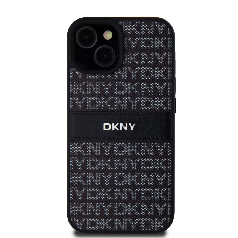 DKNY PU Leather Repeat Pattern Tonal Stripe Zadný Kryt pre iPhone 15 Black