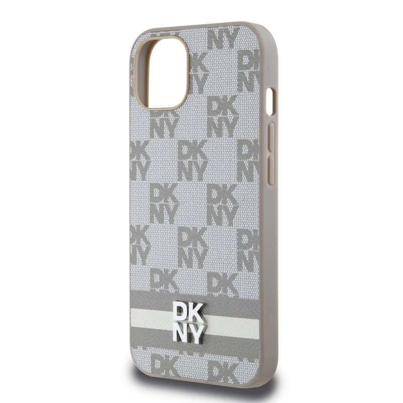 DKNY PU Leather Checkered Pattern and Stripe Zadný Kryt pre iPhone 13 Beige