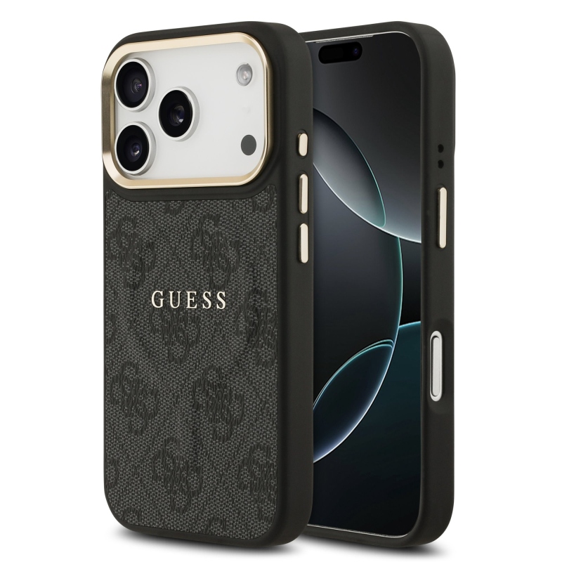 Guess PU kožený zadný kryt 4G Gold Frame MagSafe pre iPhone 17 Pro Black
