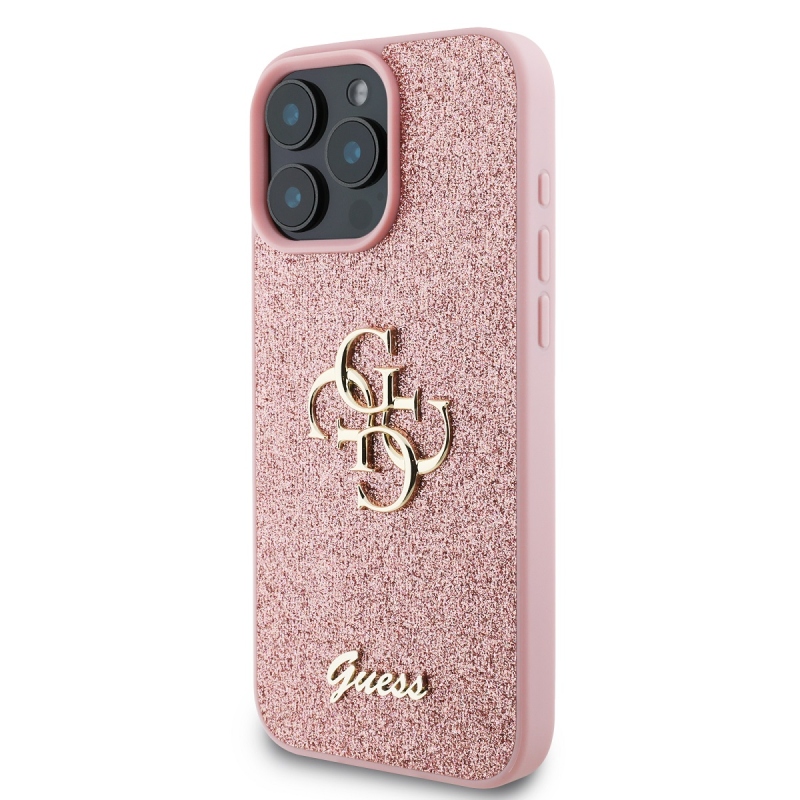 Guess PU Fixed Glitter 4G Metal Logo Zadný Kryt pre iPhone 16 Pro Pink