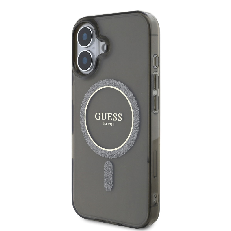 Guess IML Glitter Ring MagSafe Zadný Kryt pre iPhone 16 Black