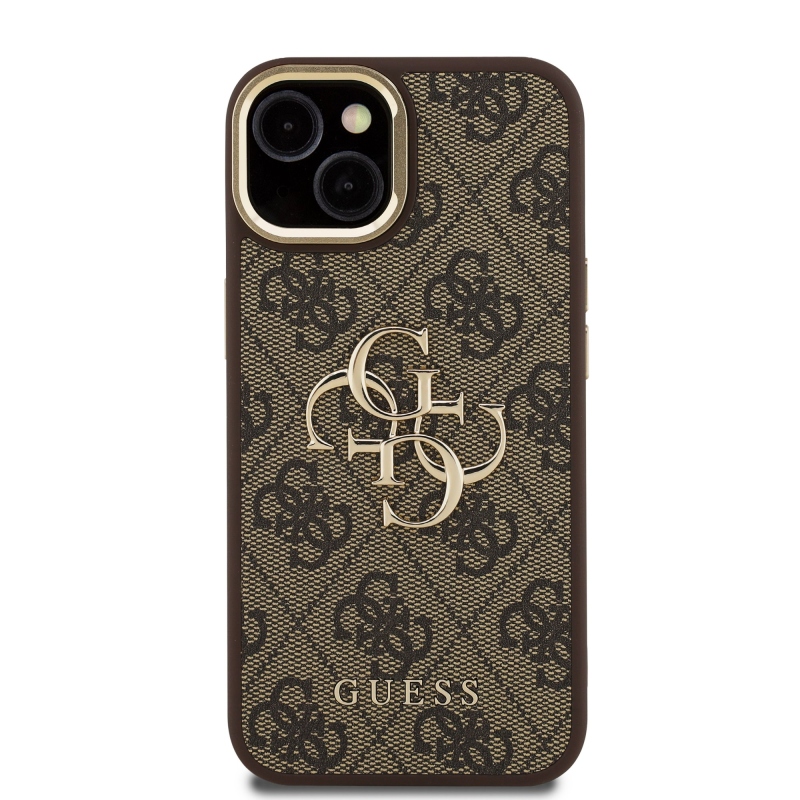 Guess PU 4G Metal Logo Stand Camera Frame Zadný Kryt pre iPhone 14 Brown