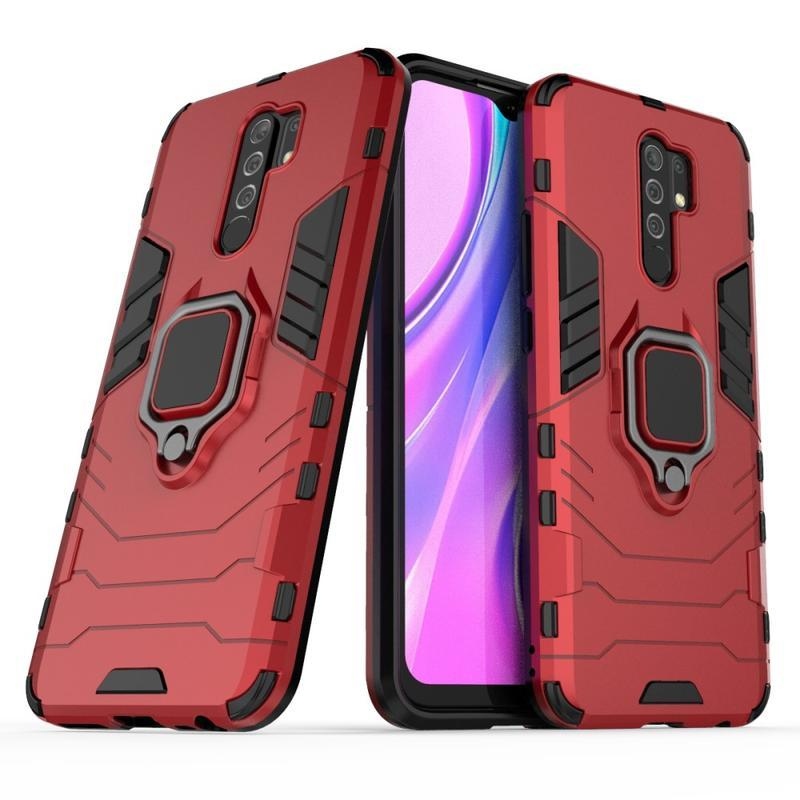 Holder odolný hybridný kryt s úchopom na prst na mobil Xiaomi Redmi 9 - červený