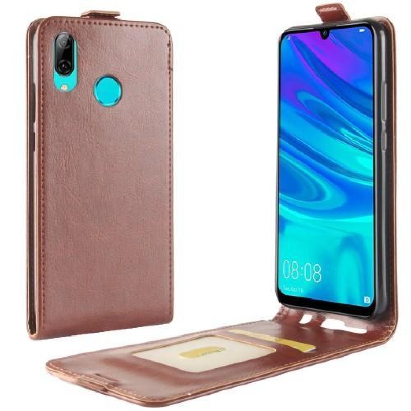 Vertical PU kožené flipové puzdro na mobil Huawei Y7 (2019) - hnedé