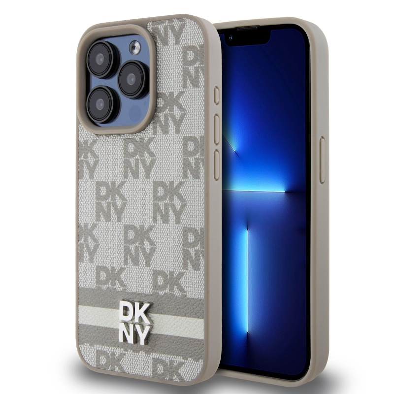 DKNY PU Leather Checkered Pattern and Stripe Zadný Kryt pre iPhone 13 Pro Max Beige