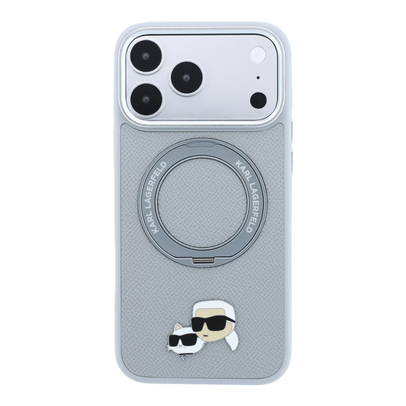 Karl Lagerfeld PU Grained K&CH Heads Ring Stand Magsafe zadný kryt pre iPhone 18 Pro Max, sivý