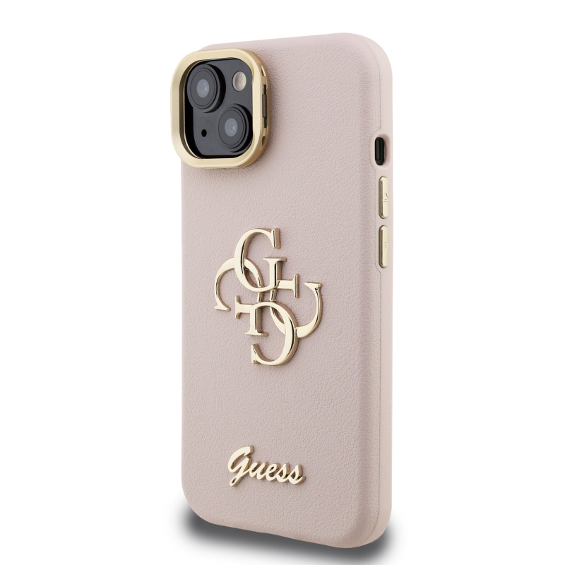 Guess PU Grained 4G Logo Stand Camera Frame Zadný Kryt pre iPhone 14 Pink