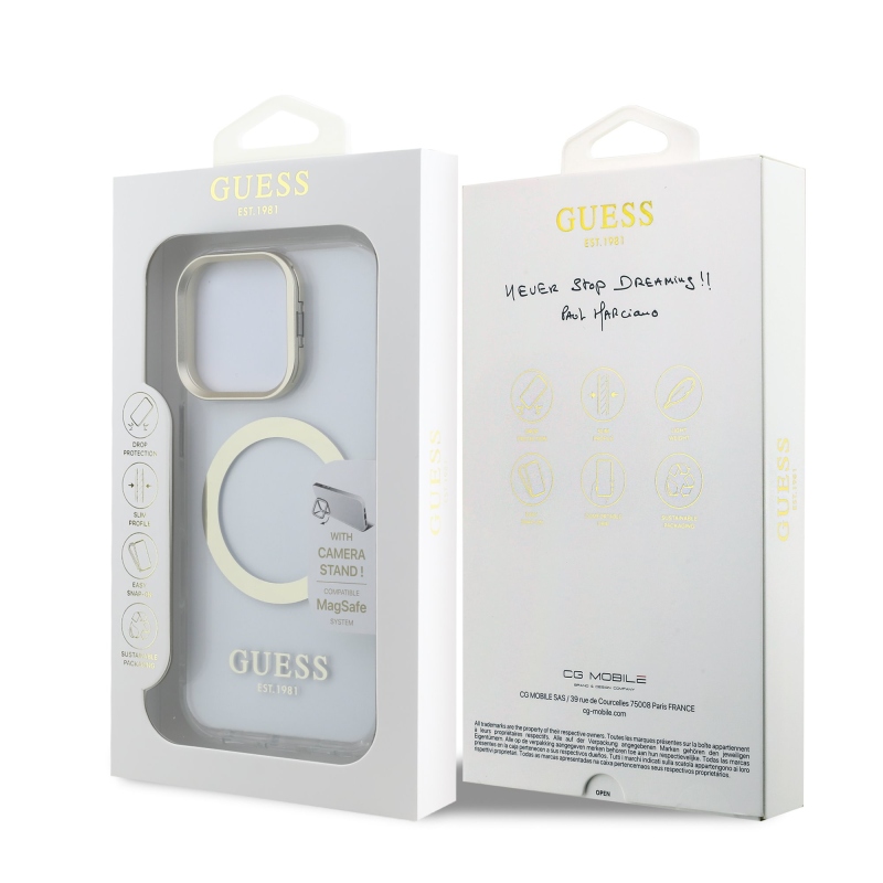 Guess IML Gold Outline Stand Camera Frame MagSafe Zadný Kryt pre iPhone 16 Pro Max Transparent