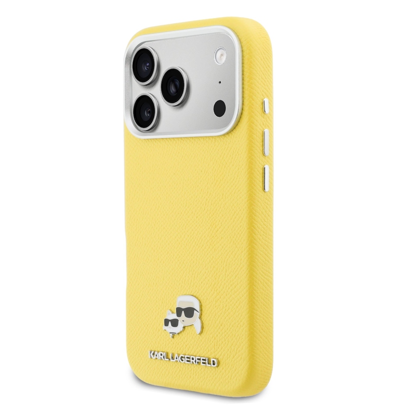 Karl Lagerfeld PU Karl and Choupette Heads Pins MagSafe zadný kryt pre iPhone 17 Pro Max Yellow