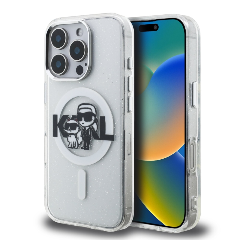 Karl Lagerfeld IML Glitter Karl and Choupette Sketch MagSafe Zadný Kryt pre iPhone 16 Pro Transparent