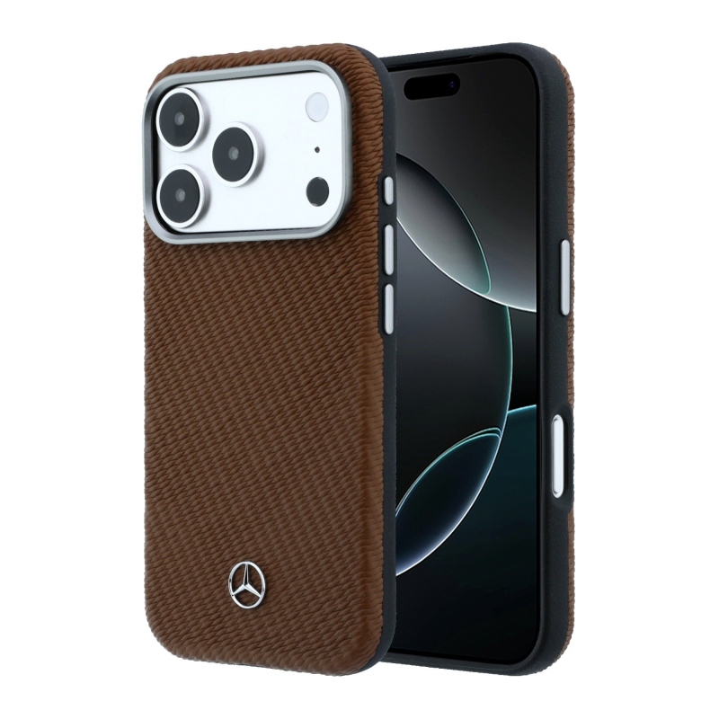 Mercedes PU kožený poloobalový zadný kryt MagSafe pre iPhone 17 Pro Camel